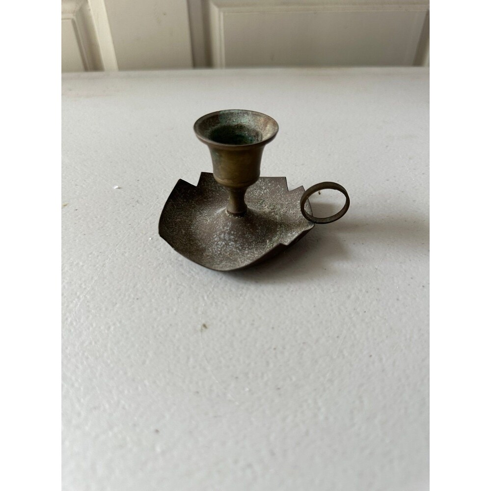 Vintage Solid Brass Finger Ring Handle Drip Tray Chamberstick Candle Holder
